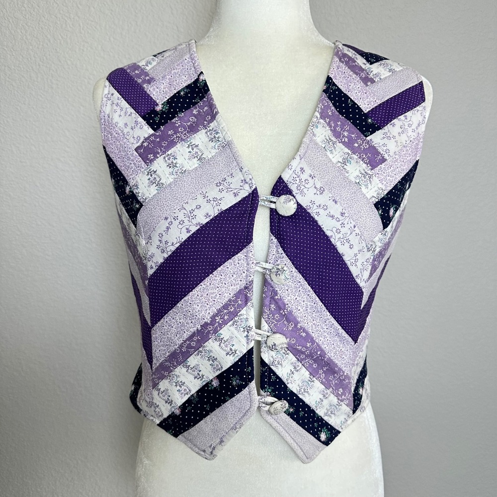 Handmade Purple Quilted Patchwork Vest Floral Chevron Cottagecore XS Small